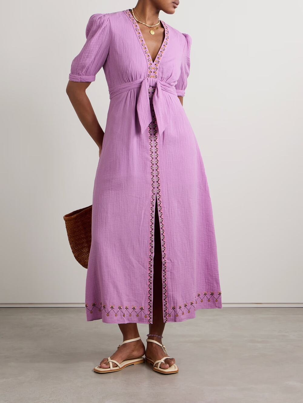 NWT SALONI Jamie Tie-Detailed Embroidered Midi Dress in Lilac Size US 12